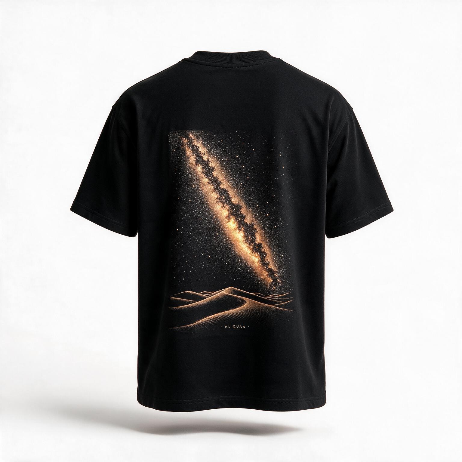 Al Quaa Galaxy Tee worn, back — the Milky Way arcing over the dunes